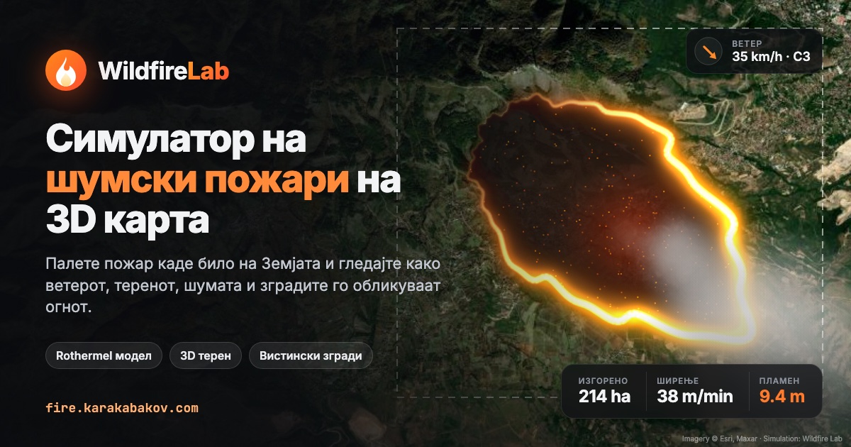 Wildfire simulation on a satellite 3D map in Wildfire Lab
